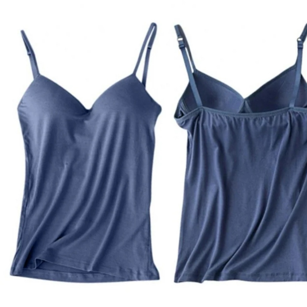 Women's Deep V Neck Sleeveless Tank Top Tops w/Built in Cup Shelf Bra Blue Small